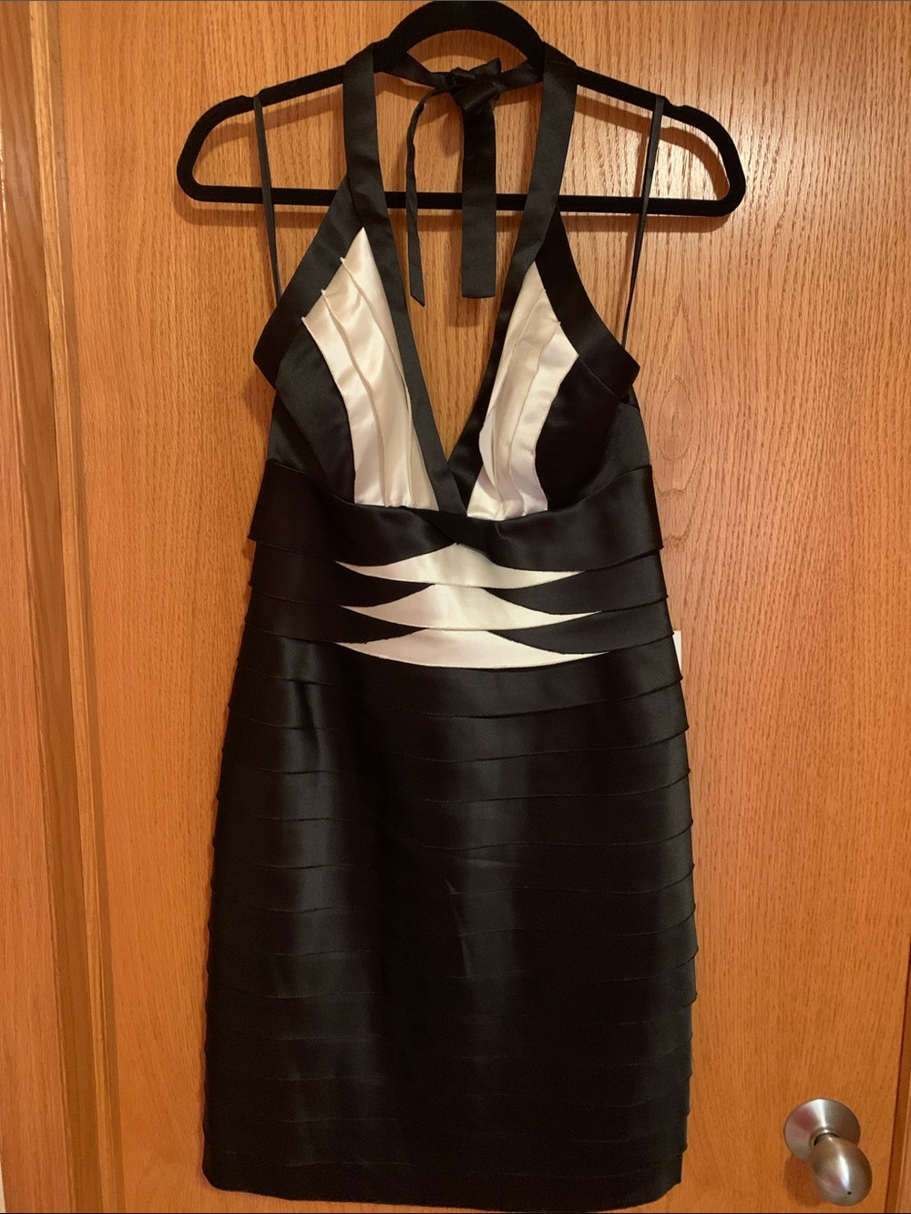 BCBGMaxAzria Black and White Halter Bandage-Style Mini Dress